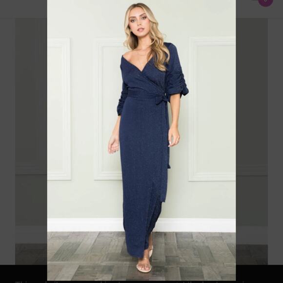 Starry night Glitter Maxi Wrap Dress metallic blue true wrap cocktail ruched s - Picture 5 of 15